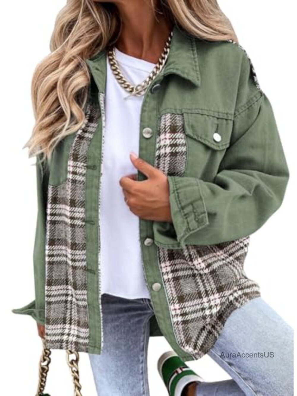 Womens Oversized Denim Jacket Button Down Long Sleeve Plaid Shacket Distressed